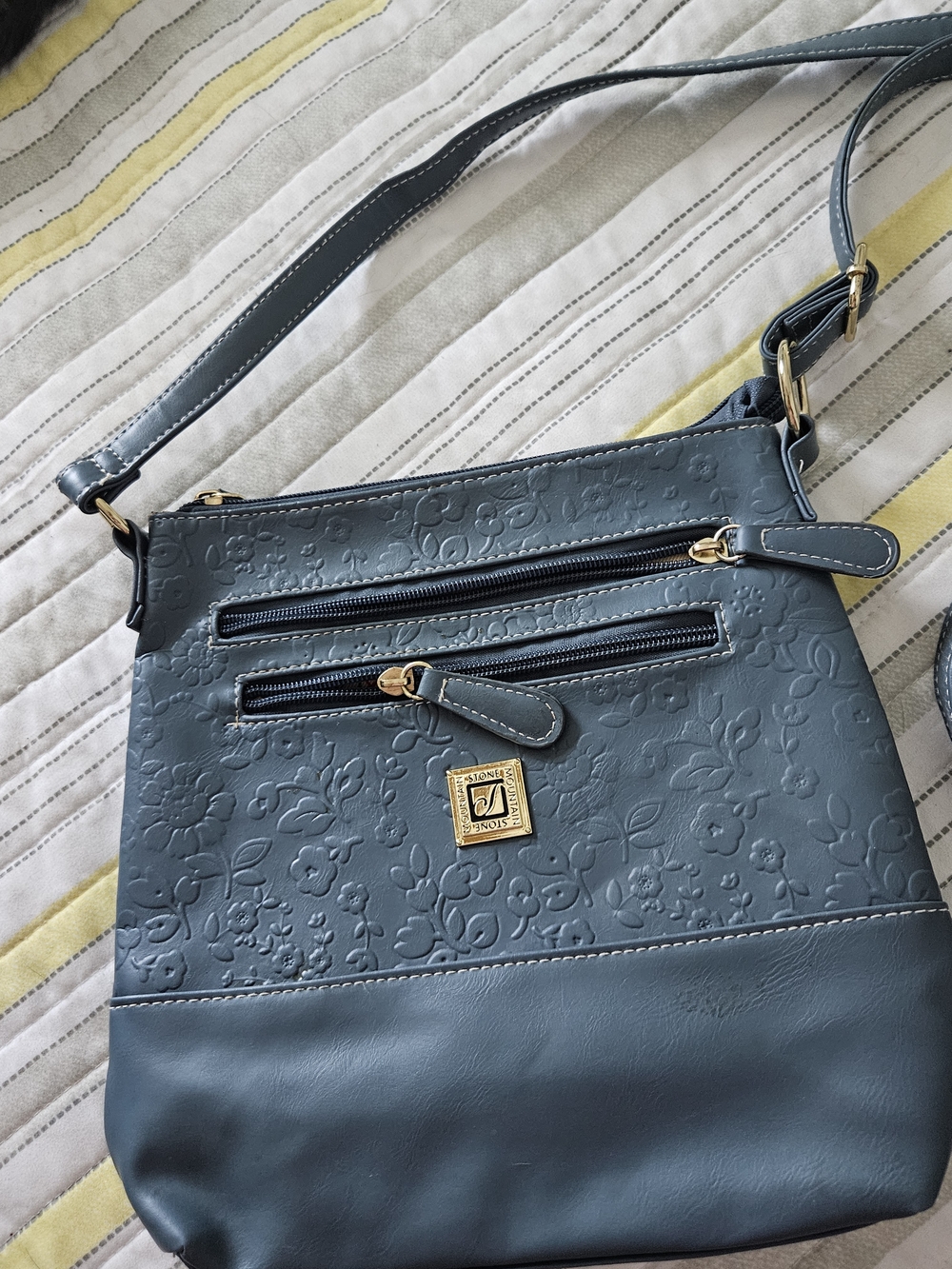 Stone Mountain Accessories Blue Floral-Embossed Crossbody with Gold Hardware